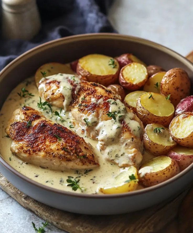 chicken and potatoes with dijon cream sauce