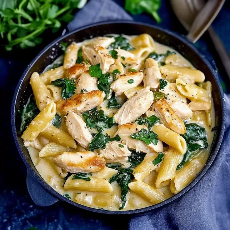 creamy chicken soup with pasta and spinach