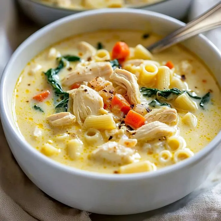 creamy chicken soup with pasta and spinach