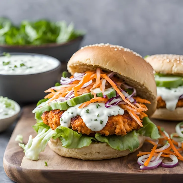 crispy buffalo chicken burgers with ranch slaw