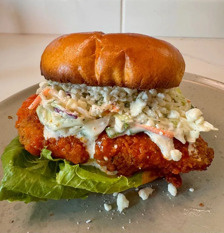 crispy buffalo chicken burgers with ranch slaw