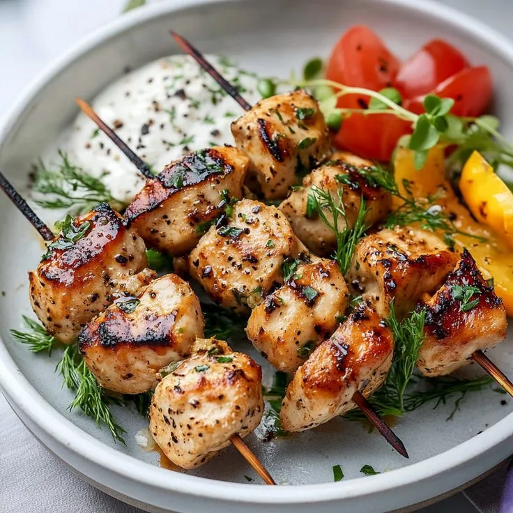 marinated chicken skewers on the grill