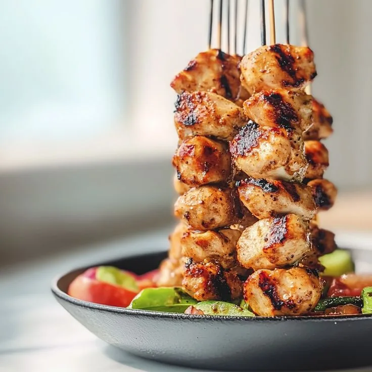 marinated chicken skewers on the grill