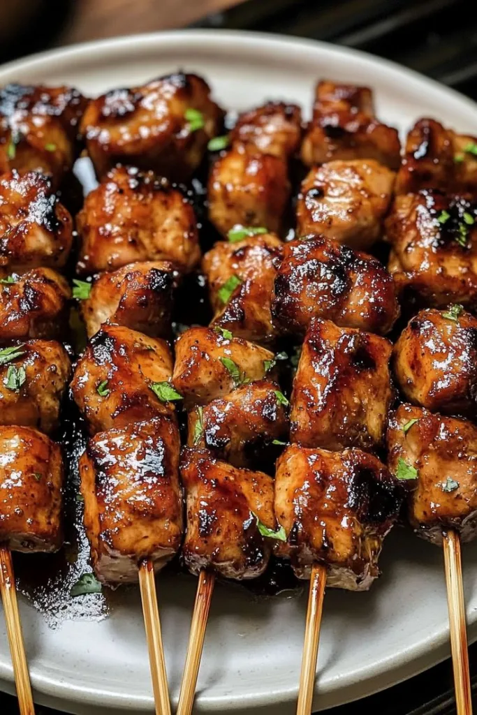 marinated chicken skewers on the grill