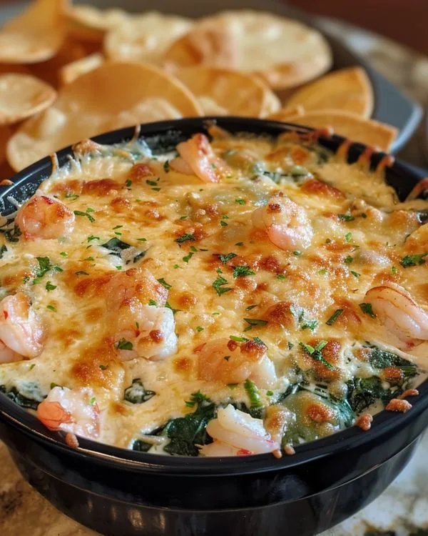 baked seafood spinach dip with mozzarella