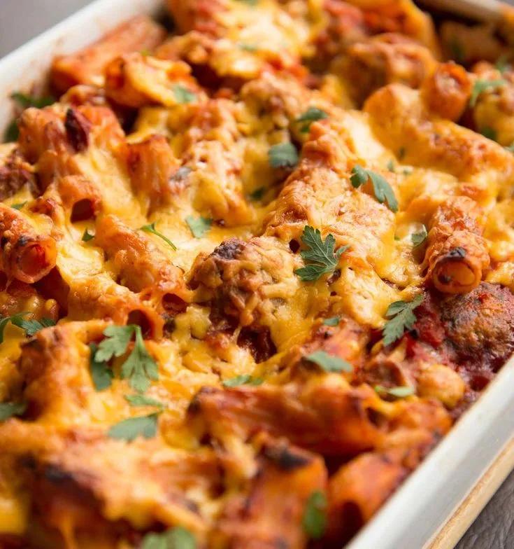 cheesy meatball pasta bake