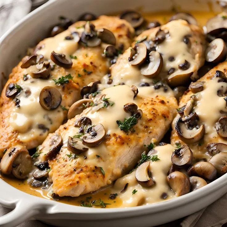 cheesy baked mushroom chicken