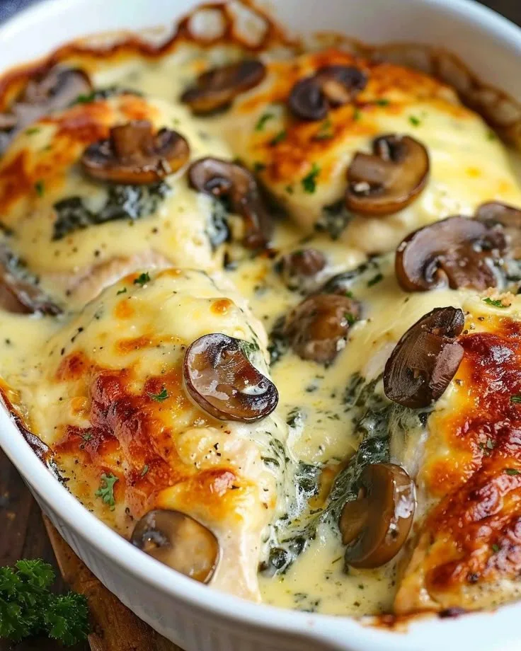 cheesy baked mushroom chicken